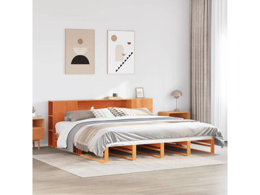 Lit bibliothèque sans matelas cire marron 200x200cm bois massif
