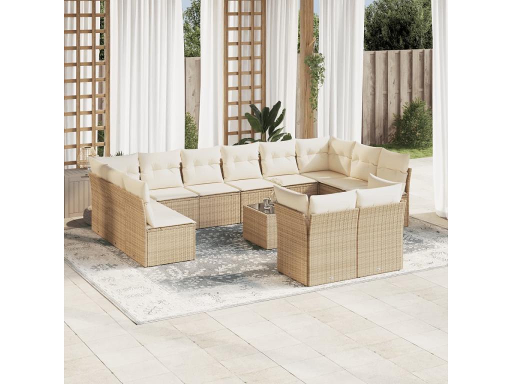 Salon de jardin avec coussins 13 pcs beige résine tressée