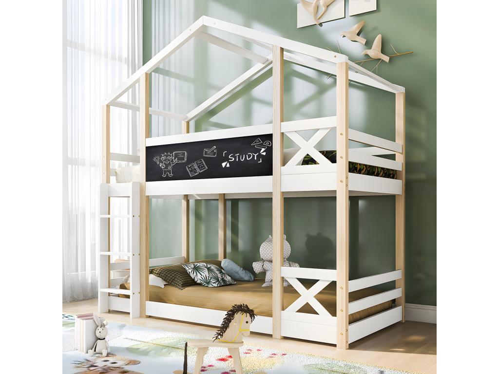Lit d'enfant cabane avec échelle 90x200 cm Lit surélevé pour enfants- 2x sommier à Vertchez- Nature / Blanc
