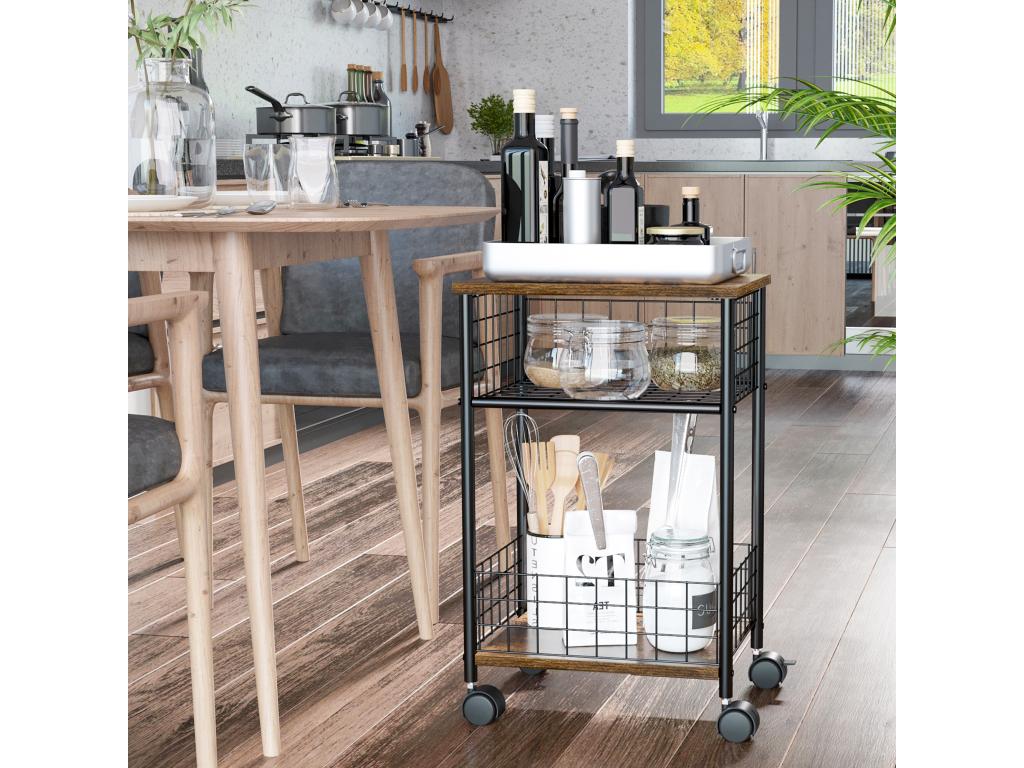 Vertchez cuisine design industriel - 2 étagères - dim- 40L x 30l x 62H cm - acier noir aspect bois vieilli