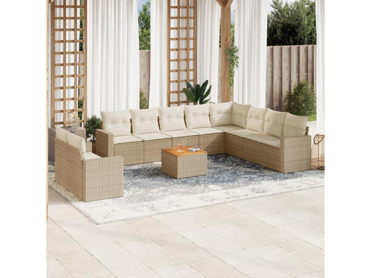 11-piece garden furniture set with beige resin wicker cushions