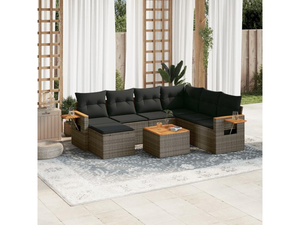 Salon de jardin 8 pcs avec coussins gris résine tressée