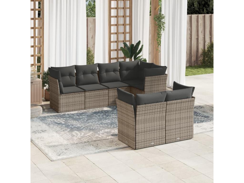 Salon de jardin avec coussins 7 pcs gris résine tressée