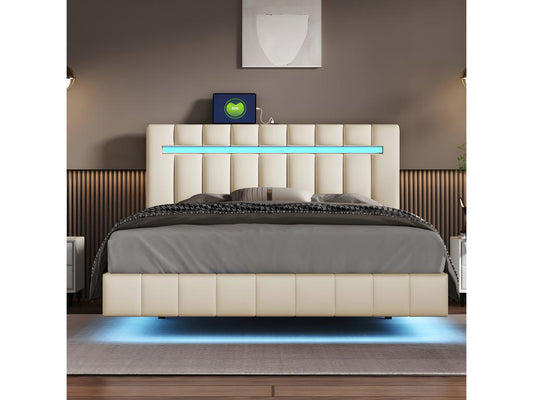 Lit rembourré en lin - 140x200cm - avec éclairage LED et Ports de charge USB - Beige