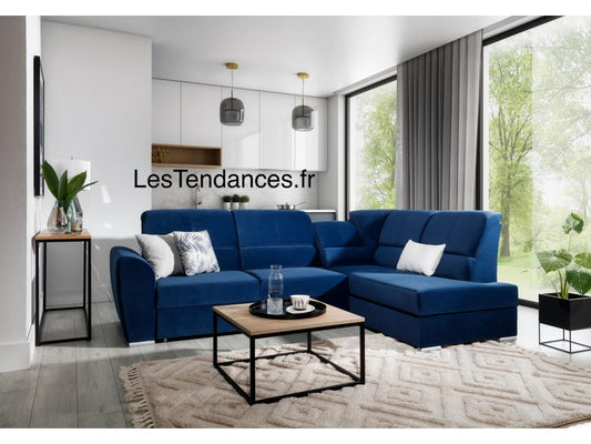 Canapé angle droit convertible tissu beige et pieds acier chromé Vertchez 270cm