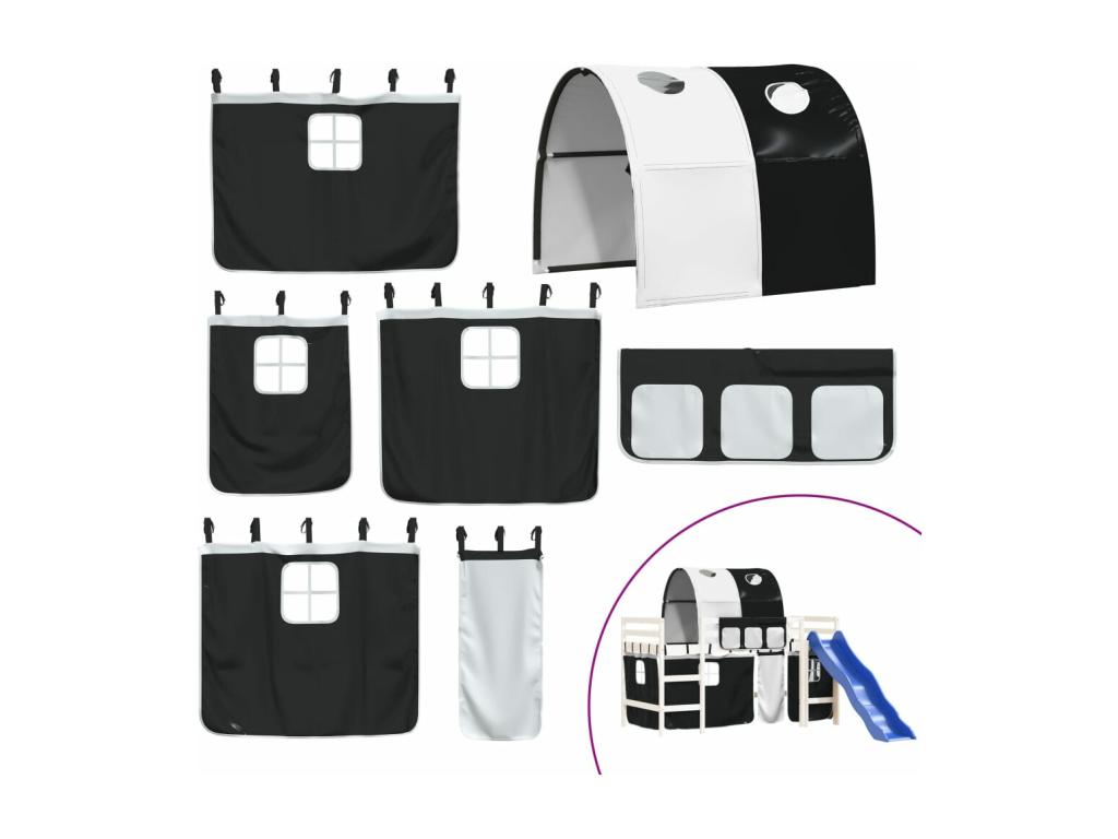 Lit mezzanine enfants et tunnel blanc/noir 80x200cm pin massif