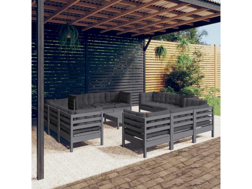 Salon de jardin 13 pièces avec coussins anthracite bois de pin