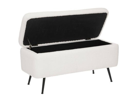 Banc Coffre tissu blanc à bouclettes et pieds en métal 100x40 cm