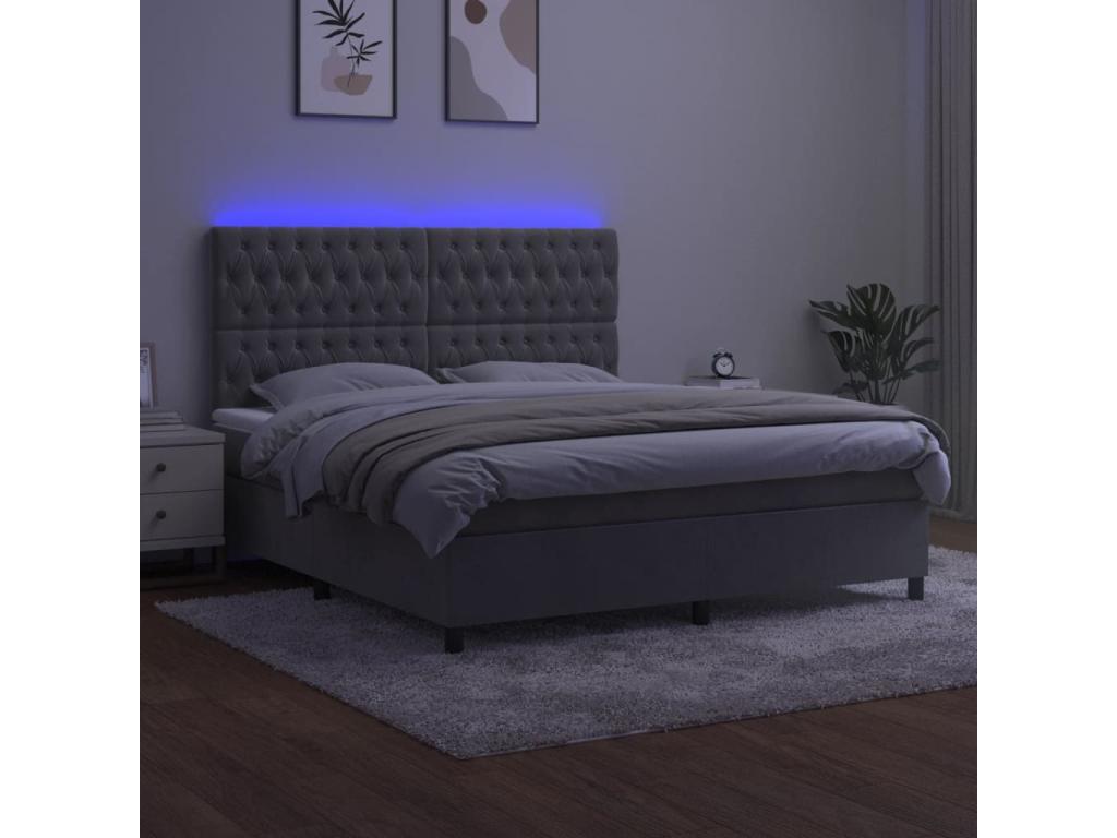 Sommier tapissier matelas et LED Gris clair 160x200 cm Velours