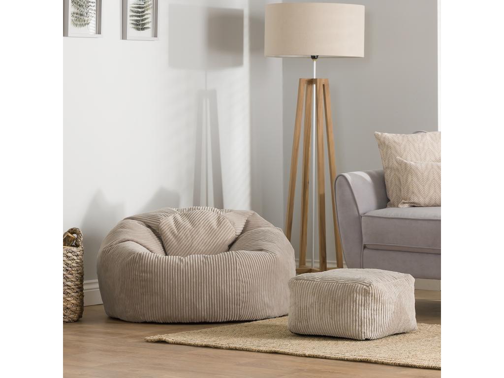 Pouf classique et son repose-pied velours côtelé beige galet - Vertchez