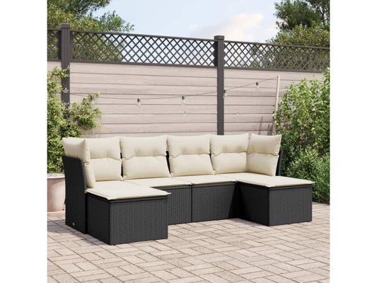 Salon de jardin 6 pcs avec coussins noir résine tressée
