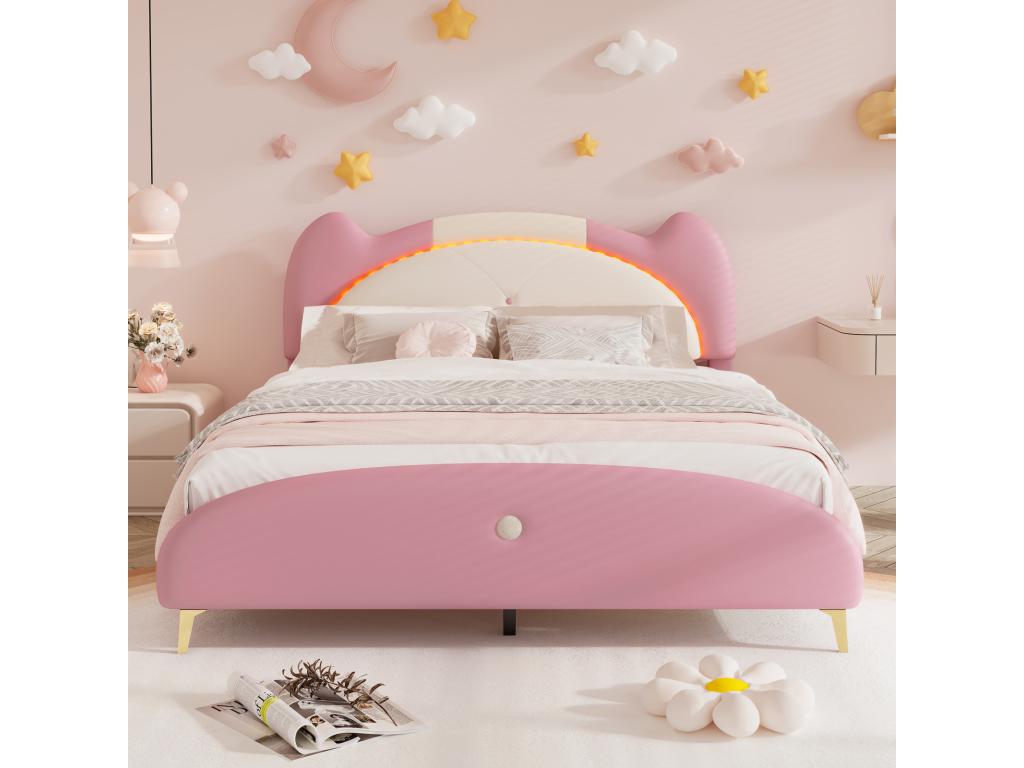 Lit enfant 140x200cm lit double avec sommier à Vertchez et tête de lit avec bandes LED cuir PU beige rose