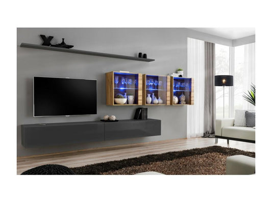 Ensemble meuble salon mural SWITCH XVII design coloris gris brillant et chêne Vertchez.