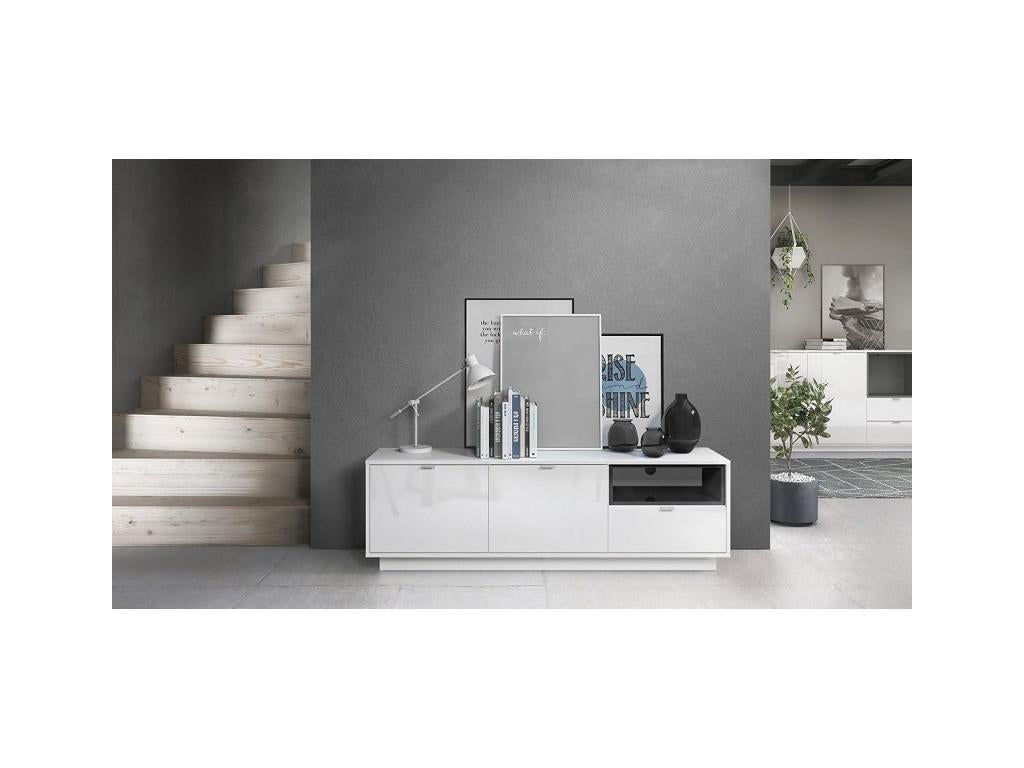 Meuble TV 153 Cm Laqué Blanc Avec Insertion Noir LED lxhxp 153x48x38.