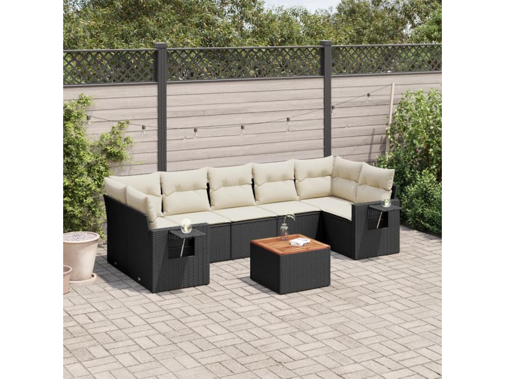 Salon de jardin 8 pcs avec coussins noir résine tressée