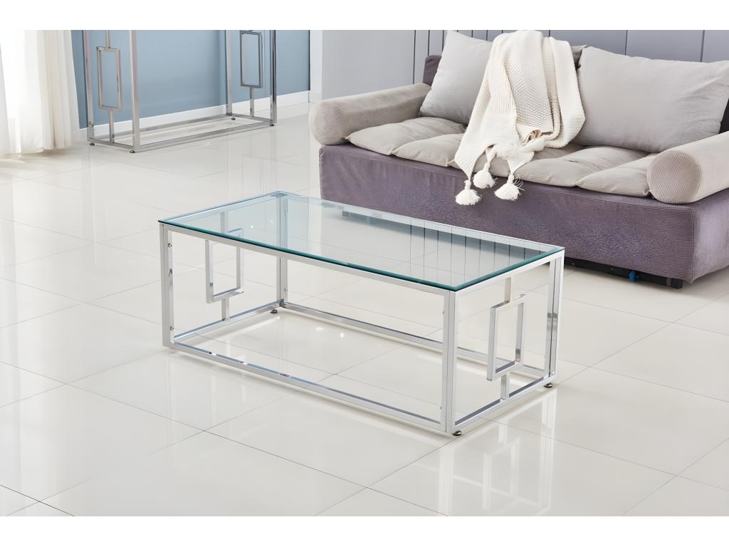 Table basse plateau en verre transparent pieds chromés 120 cm - Vertchez