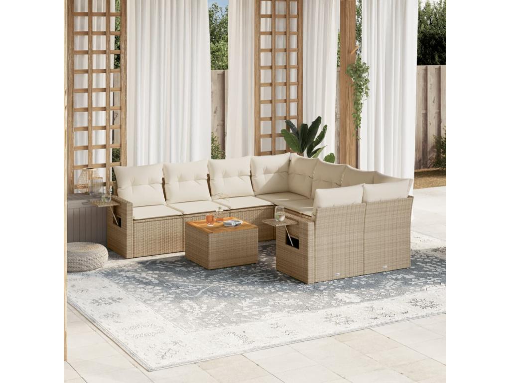 Salon de jardin avec coussins 9 pcs beige résine tressée
