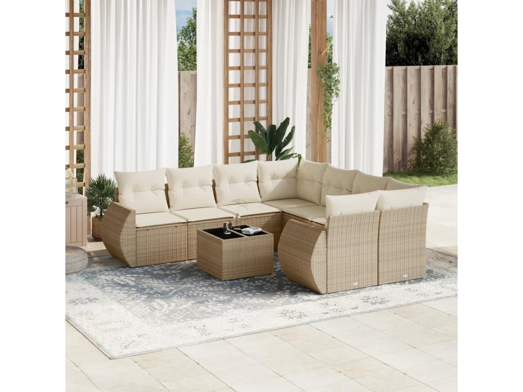 Salon de jardin avec coussins 9 pcs beige résine tressée