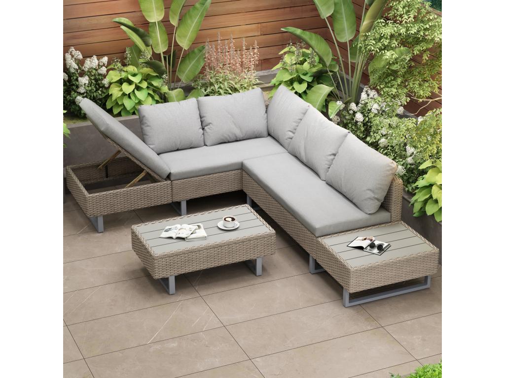 Ensemble Canapé de jardin 5 places avec coffre de rangement - Épaisseur du rembourrage 7 cm - Rotin PE - Beige