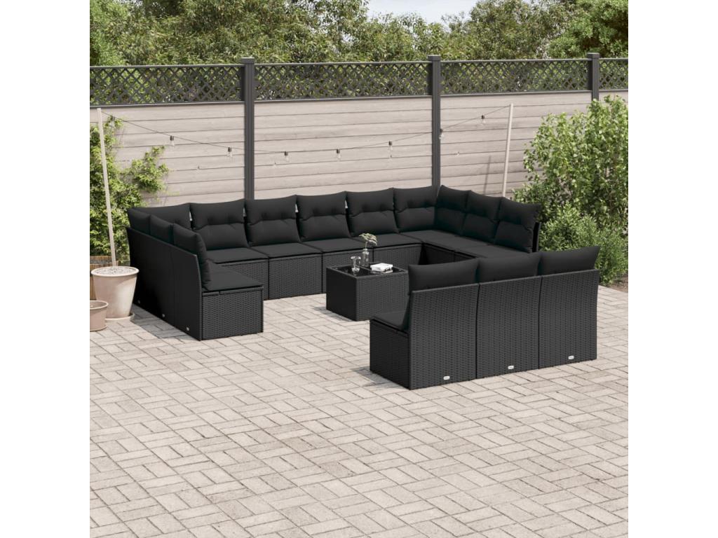 Salon de jardin avec coussins 14 pcs noir résine tressée
