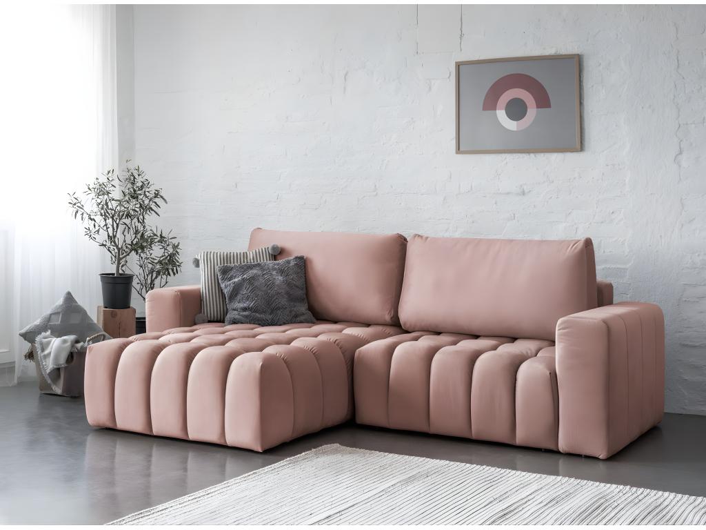 Canapé convertible design velours matelassé rose cuivré angle gauche Vertchez 250cm