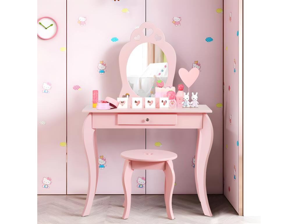 Coiffeuse pour Enfant avec Miroir Inclus de Table de Maquillage et deTabouret Dessus Amovible Contemporain 70x34x105 cm Rose