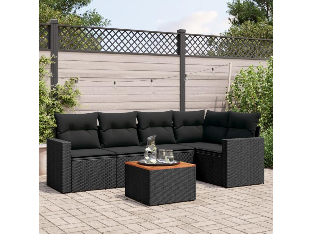 Salon de jardin 6 pcs avec coussins noir résine tressée