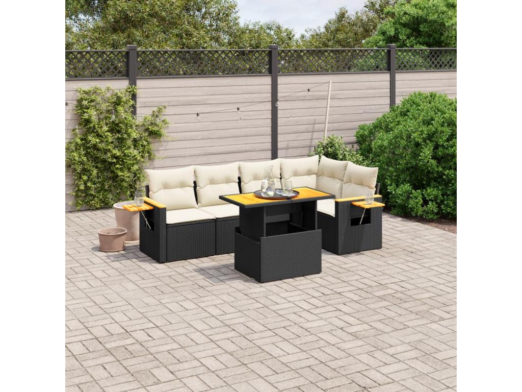 Salon de jardin 6 pcs avec coussins noir résine tressée