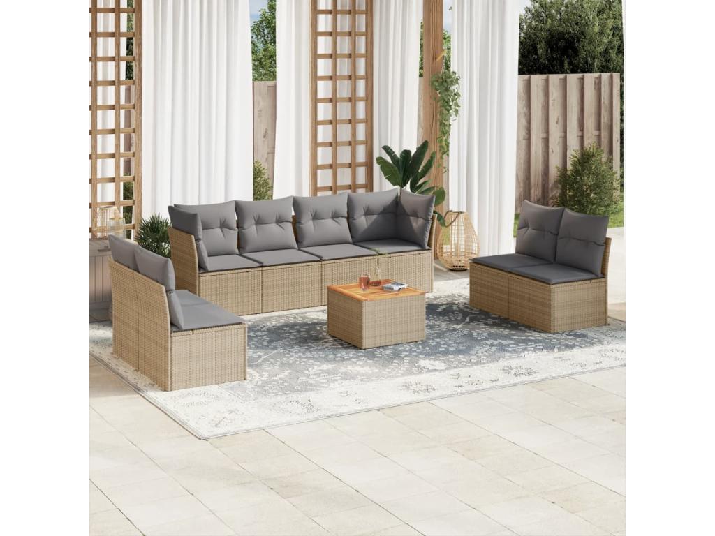 Salon de jardin avec coussins 9 pcs beige résine tressée