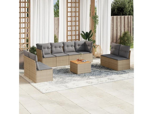 Salon de jardin avec coussins 9 pcs beige résine tressée