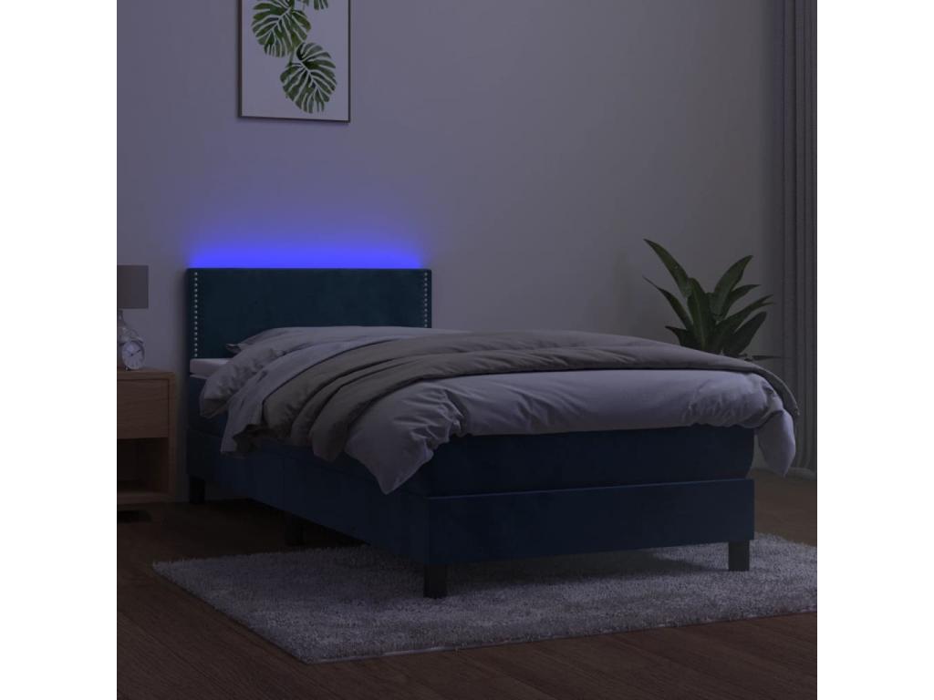 Sommier tapissier et matelas et LED Bleu foncé 90x200cm Velours