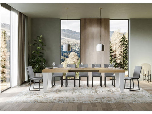 Table extensible chêne naturel et pieds bois blanc 6 à 20 places Vertchez 180 à 440cm-Support 4 pieds