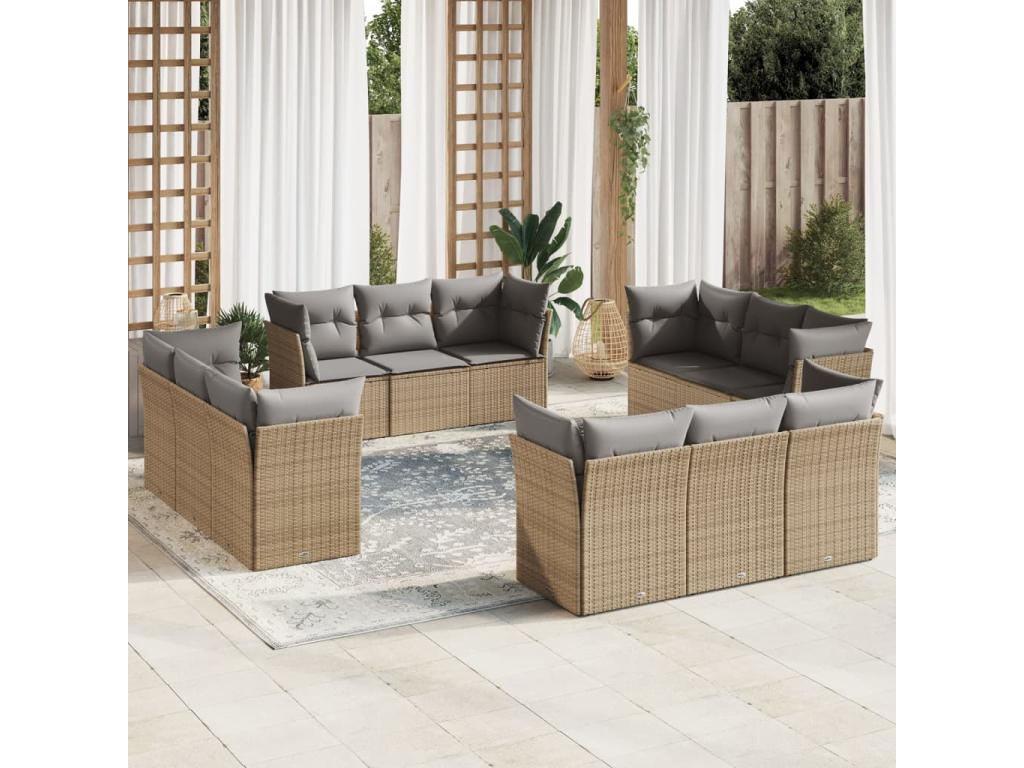 Salon de jardin avec coussins 12 pcs beige résine tressée