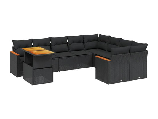 Salon de jardin 10 pièces avec coussins noir résine tressée