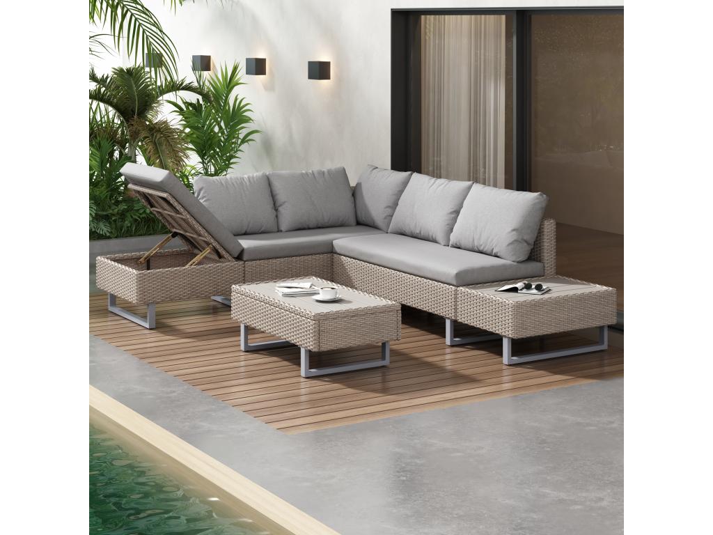 Ensemble Canapé de jardin 5 places avec coffre de rangement - Épaisseur du rembourrage 7 cm - Rotin PE - Beige