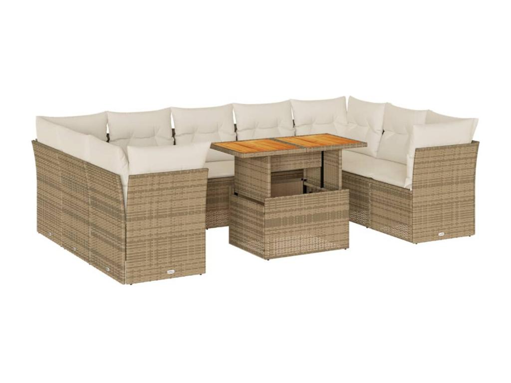 Salon de jardin avec coussins 10 pcs beige résine tressée
