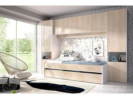 Lit enfant Vertchez Chambre complète avec armoire bridge et commode Composition avec lit et lit simple extractible 303x97h203 cm Chêne et Blanc