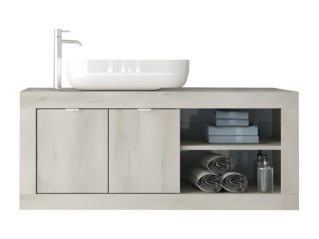 Meuble sous-vasque suspendu 92 cm Pin blanc vasque miroir led colonne - Vertchez