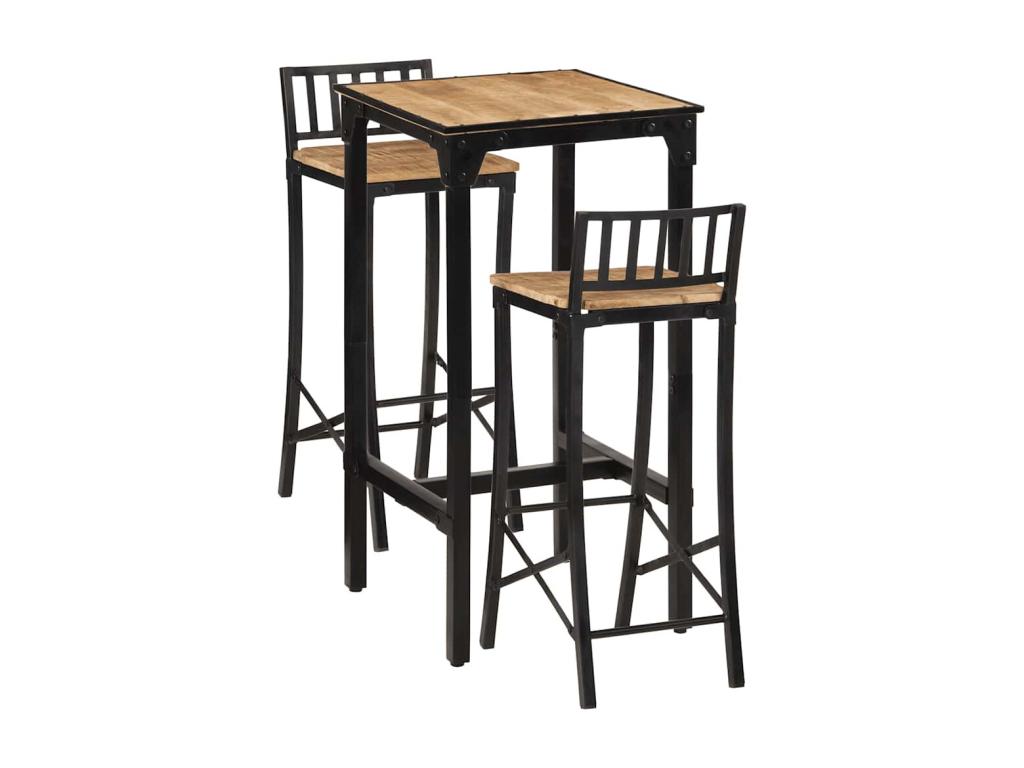 Ensemble de bar 3 pcs bois de manguier brut massif et métal