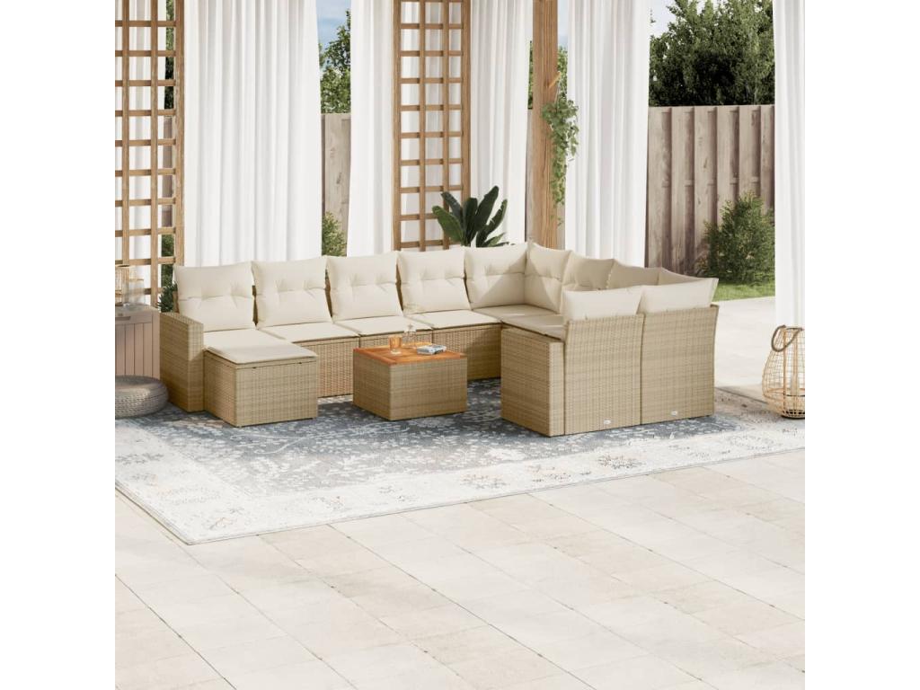 Salon de jardin 11 pcs avec coussins beige résine tressée