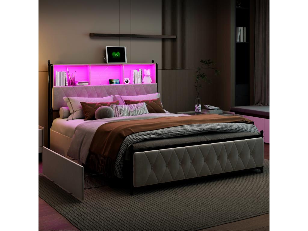 Lit double 160x200cm Beige Avec 4 tiroirs Avec LED et USB