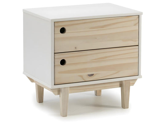 Chevet Roma avec 2 tiroirs en Couleur Blanc Pieds et façades en Bois Naturel