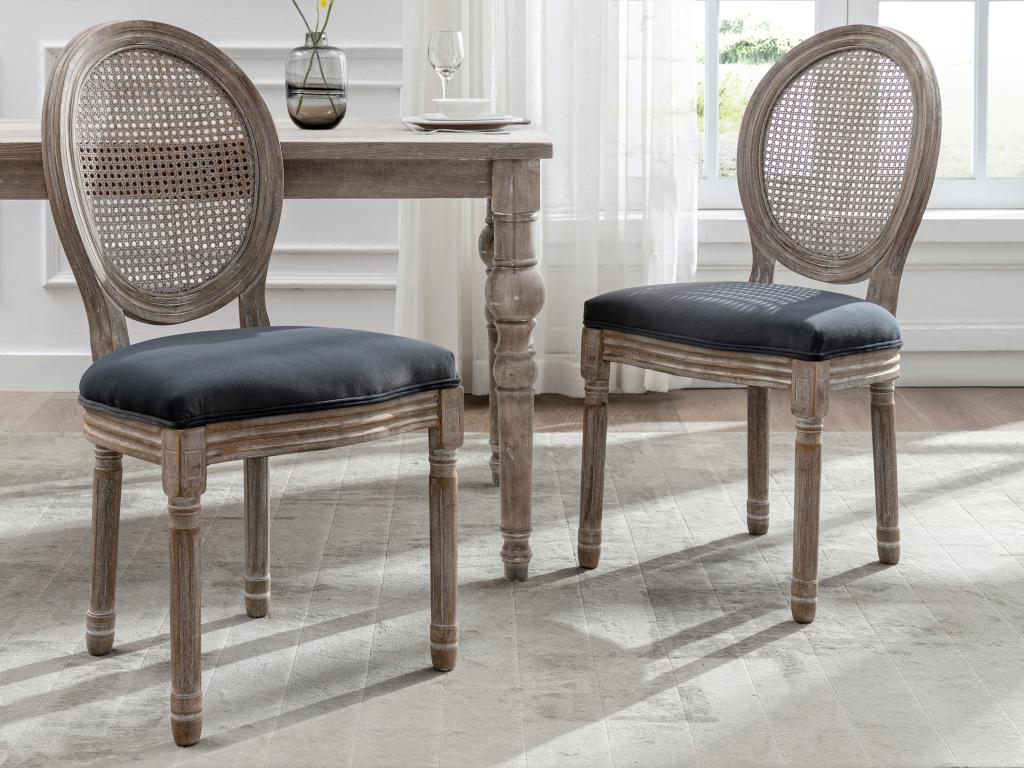 Lot de 2 chaises - Cannage velours et bois d'hévéa - Gris - Vertchez