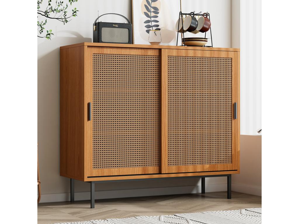 Buffet 2 portes coulissantes et étagère réglable - 100x 90x37 cm - Panneaux de particules - Noyer