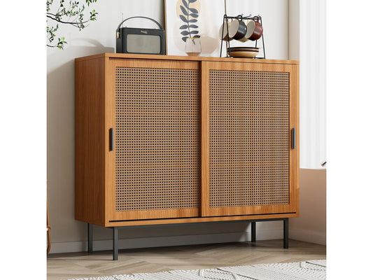 Buffet 2 portes coulissantes et étagère réglable - 100x 90x37 cm - Panneaux de particules - Noyer