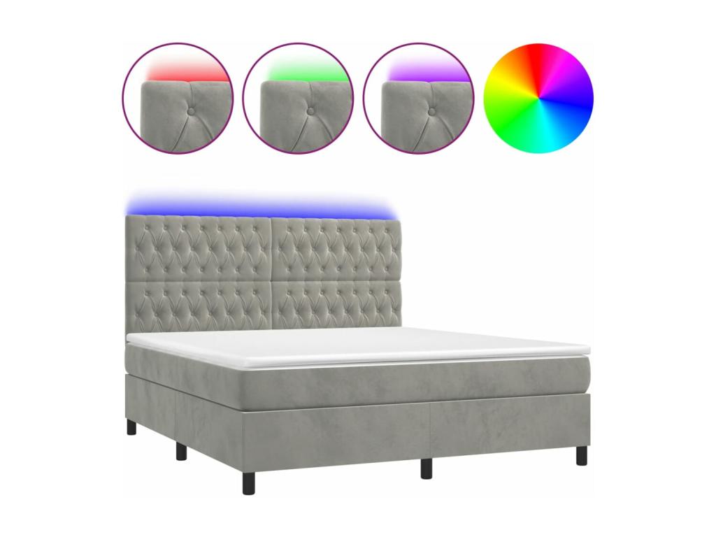Sommier tapissier matelas et LED Gris clair 160x200 cm Velours