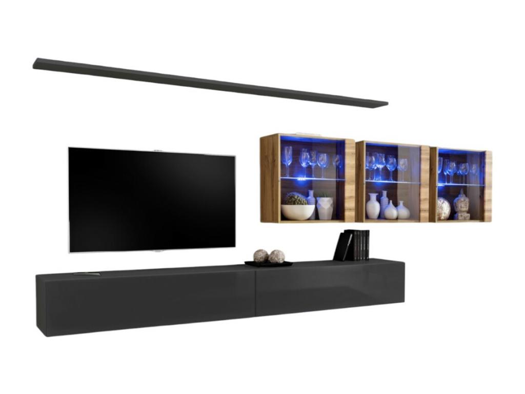 Ensemble meuble salon mural SWITCH XVII design coloris gris brillant et chêne Vertchez.