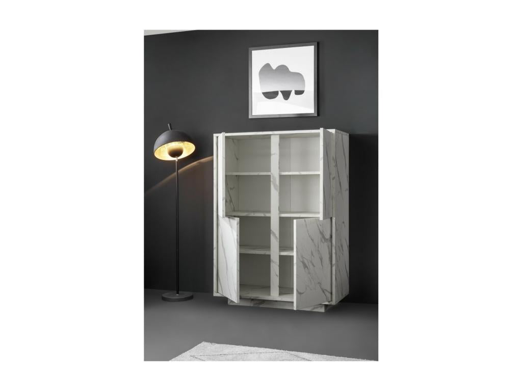 Buffet 4 portes collection Vertchez coloris blanc effet marbre idéal dans votre salon ou salle à manger