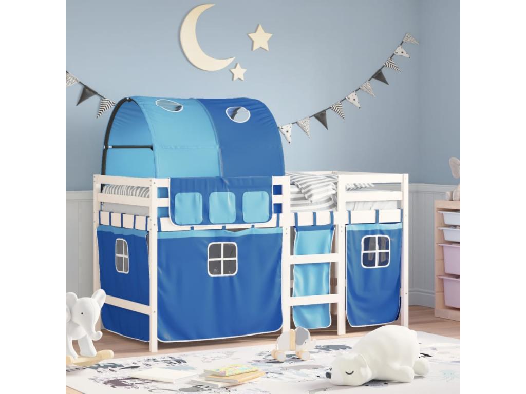 Lit mezzanine enfants avec tunnel bleu 80x200 bois pin massif