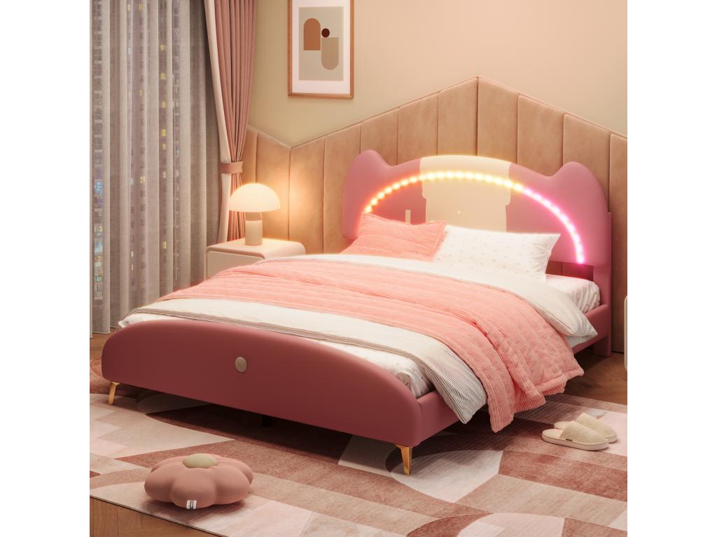 Lit enfant 140x200cm lit double avec sommier à Vertchez et tête de lit avec bandes LED cuir PU beige rose